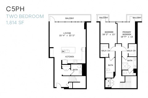 Floor plan for 2 beds, 2.5 baths, 1814 sqft